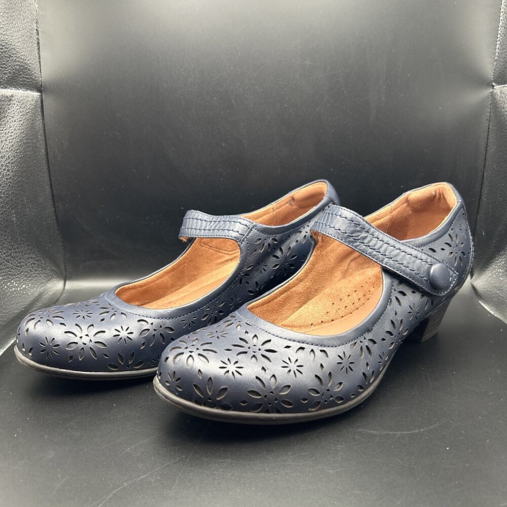 Cobb Hill Women's 9.5 Alesia Dark Blue Leather Mary Jane Pumps Block Heel